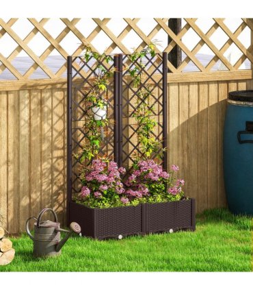 Outsunny Plastic Planter Box with Trellis, Vegetable Planter w/ Drain Plugs