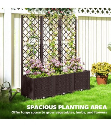 Outsunny Plastic Planter Box with Trellis, Vegetable Planter w/ Drain Plugs