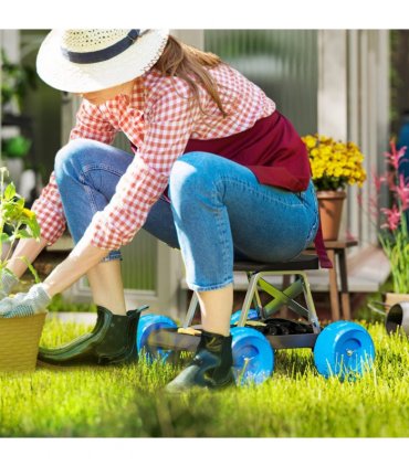 Outsunny Garden Cart with Wheels, Tool Tray for Weeding, Planting, Blue