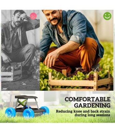 Outsunny Garden Cart with Wheels, Tool Tray for Weeding, Planting, Blue