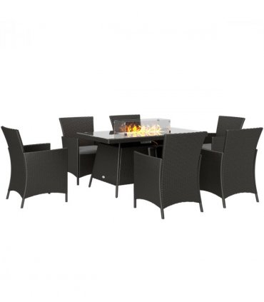 Outsunny Rattan Dining Set with Fire Pit Table and Armchairs, Black