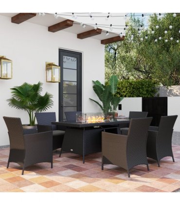 Outsunny Rattan Dining Set with Fire Pit Table and Armchairs, Black