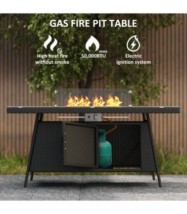 Outsunny Rattan Dining Set with Fire Pit Table and Armchairs, Black
