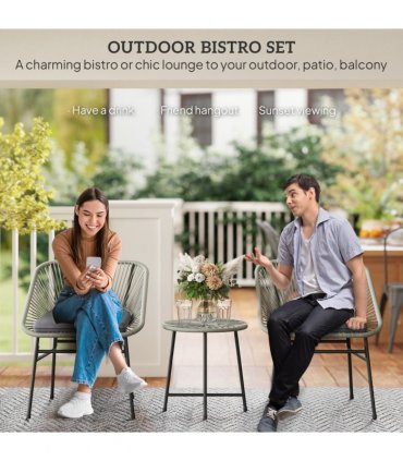 Outsunny Rattan Bistro Set, Small Balcony Furniture with Cushion, Light Grey