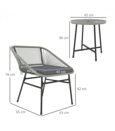 Outsunny Rattan Bistro Set, Small Balcony Furniture with Cushion, Light Grey