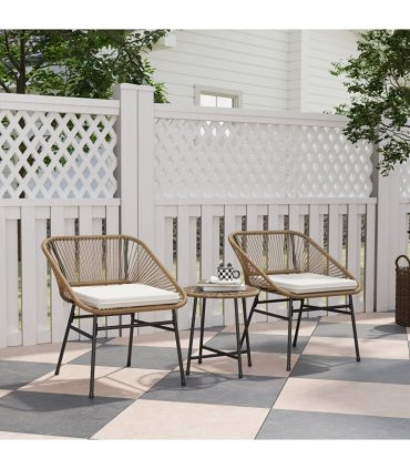 Outsunny Rattan Bistro Set, Small Balcony Furniture with Cushion, Light Grey