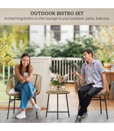 Outsunny Rattan Bistro Set, Small Balcony Furniture with Cushion, Light Grey