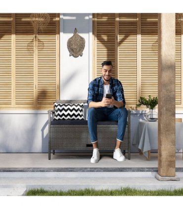 Outsunny 160L Rattan Garden Storage Bench, Cushioned Outdoor Bench, Grey