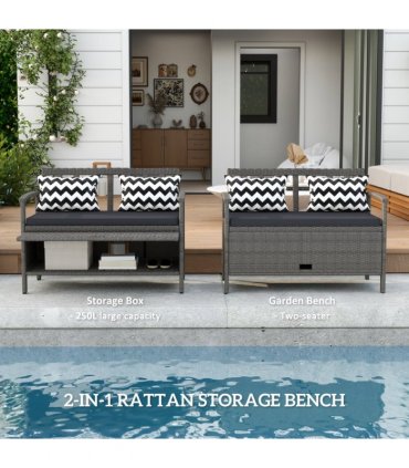 Outsunny 160L Rattan Garden Storage Bench, Cushioned Outdoor Bench, Grey
