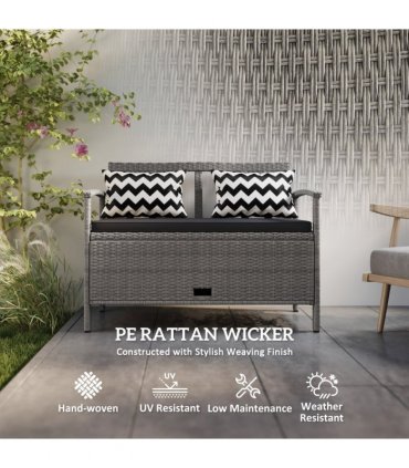 Outsunny 160L Rattan Garden Storage Bench, Cushioned Outdoor Bench, Grey