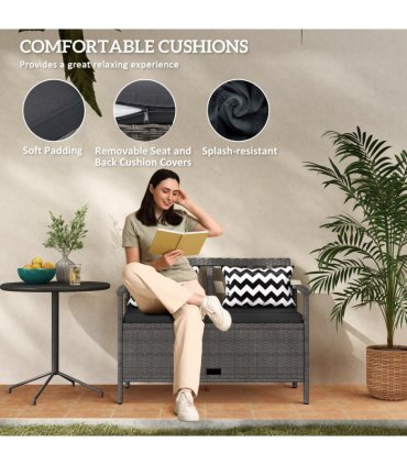 Outsunny 160L Rattan Garden Storage Bench, Cushioned Outdoor Bench, Grey