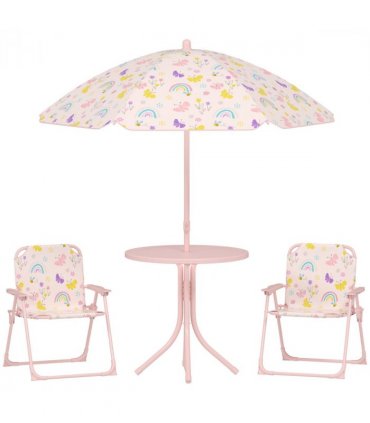 AIYAPLAY Kids Garden Table and Chair Set, Outdoor Patio Set w/ Parasol, Pink