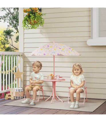 AIYAPLAY Kids Garden Table and Chair Set, Outdoor Patio Set w/ Parasol, Pink