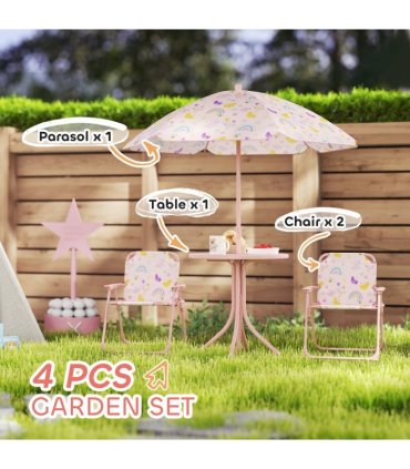 AIYAPLAY Kids Garden Table and Chair Set, Outdoor Patio Set w/ Parasol, Pink