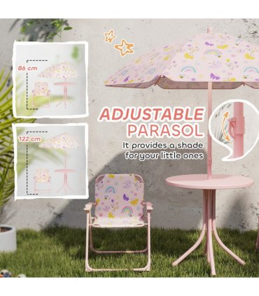 AIYAPLAY Kids Garden Table and Chair Set, Outdoor Patio Set w/ Parasol, Pink