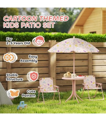 AIYAPLAY Kids Garden Table and Chair Set, Outdoor Patio Set w/ Parasol, Pink