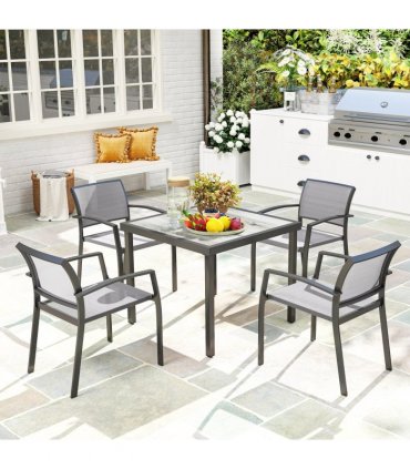 Outsunny 5 Piece Garden Furniture Set with 4 Stackable Armchairs, Grey