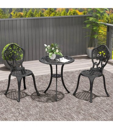 Outsunny 3 PCs Cast Aluminium Bistro Set w/ Parasol Hole for Balcony, Black