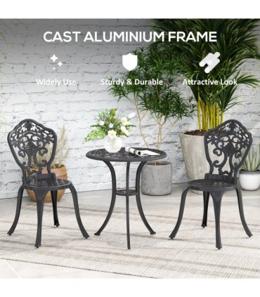 Outsunny 3 PCs Cast Aluminium Bistro Set w/ Parasol Hole for Balcony, Black