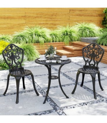 Outsunny 3 PCs Cast Aluminium Bistro Set w/ Parasol Hole for Balcony, Black