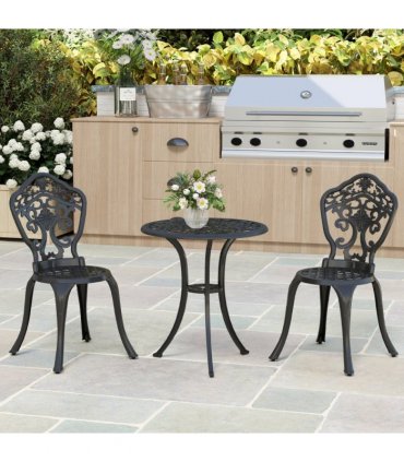 Outsunny 3 PCs Cast Aluminium Bistro Set w/ Parasol Hole for Balcony, Black