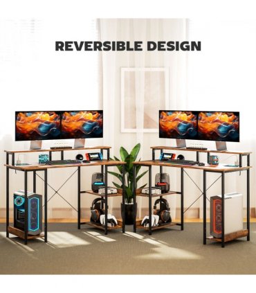 HOMCOM Computer Desk Reversible Home Office Desk with Storage Rustic Brown