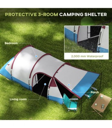 Outsunny 2-3 Man Camping Tunnel Tent with Bedroom and Living Room, Red