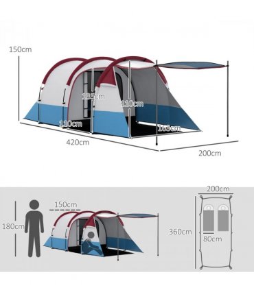 Outsunny 2-3 Man Camping Tunnel Tent with Bedroom and Living Room, Red