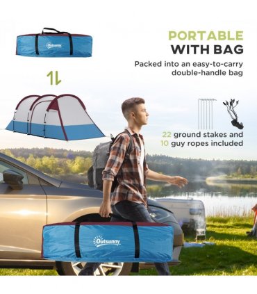 Outsunny 2-3 Man Camping Tunnel Tent with Bedroom and Living Room, Red