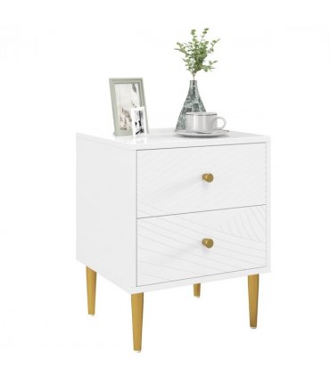 Elegant White Nightstand with Gold Handles & Storage Drawers