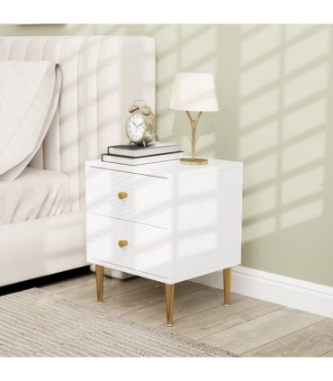 Elegant White Nightstand with Gold Handles & Storage Drawers