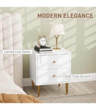 Elegant White Nightstand with Gold Handles & Storage Drawers