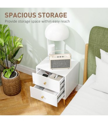 Elegant White Nightstand with Gold Handles & Storage Drawers