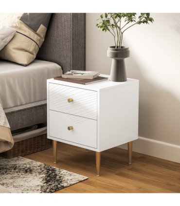 Elegant White Nightstand with Gold Handles & Storage Drawers