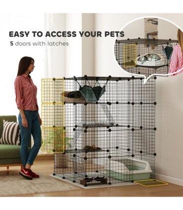 PawHut DIY 4 Tier Cat Cage Indoor with Hammock, Ramps, Doors, for 1-3 Cats