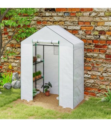 Outsunny Walk-in Greenhouse with 4 Shelves, Outdoor Small Greenhouse, White