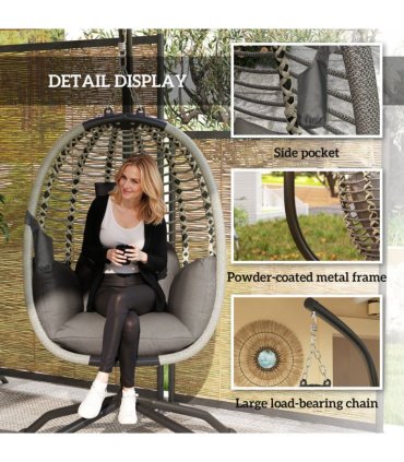 Comfortable Dark Grey Folding Basket Chair with Cup Holders for Relaxation