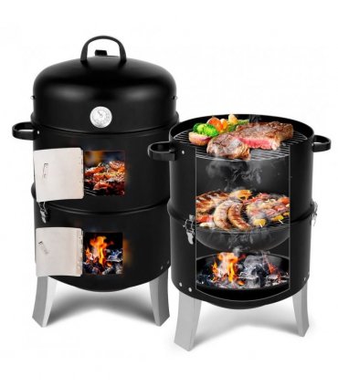 Vertical Steel Charcoal Smoker, Heavy Duty Double Layer Round BBQ Grill for Outdoor Cooking, Black