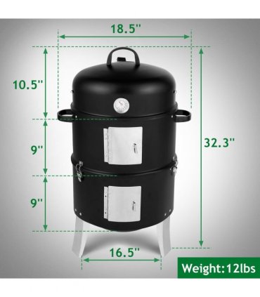 Vertical Steel Charcoal Smoker, Heavy Duty Double Layer Round BBQ Grill for Outdoor Cooking, Black