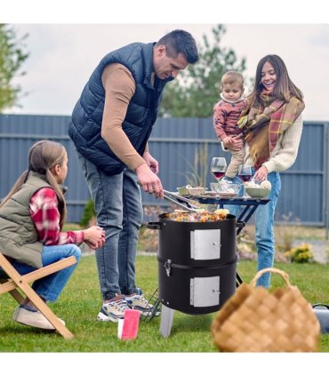 Vertical Steel Charcoal Smoker, Heavy Duty Double Layer Round BBQ Grill for Outdoor Cooking, Black