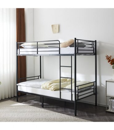 【 Same code 57955699】Twin Over Twin Bunk Bed for Kids Teens Adults, Heavy Duty Metal Bunk Bed with Ladder & Full-Length Guard Rail & Storage Space, Black