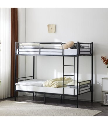 【 Same code 57955699】Twin Over Twin Bunk Bed for Kids Teens Adults, Heavy Duty Metal Bunk Bed with Ladder & Full-Length Guard Rail & Storage Space, Black