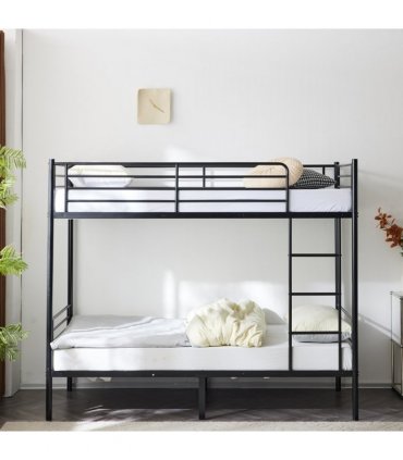 【 Same code 57955699】Twin Over Twin Bunk Bed for Kids Teens Adults, Heavy Duty Metal Bunk Bed with Ladder & Full-Length Guard Rail & Storage Space, Black
