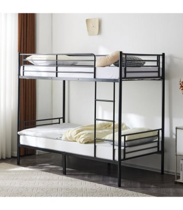 【 Same code 57955699】Twin Over Twin Bunk Bed for Kids Teens Adults, Heavy Duty Metal Bunk Bed with Ladder & Full-Length Guard Rail & Storage Space, Black