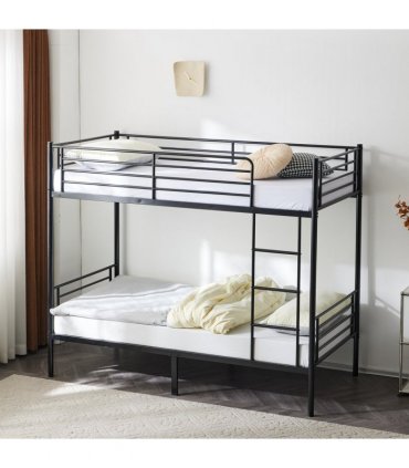 【 Same code 57955699】Twin Over Twin Bunk Bed for Kids Teens Adults, Heavy Duty Metal Bunk Bed with Ladder & Full-Length Guard Rail & Storage Space, Black