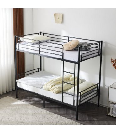 【 Same code 57955699】Twin Over Twin Bunk Bed for Kids Teens Adults, Heavy Duty Metal Bunk Bed with Ladder & Full-Length Guard Rail & Storage Space, Black