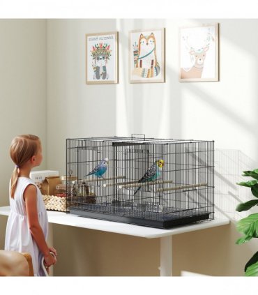 PawHut Bird Cage with Divider, 4 Wooden Perches, Slide Out Tray, Black