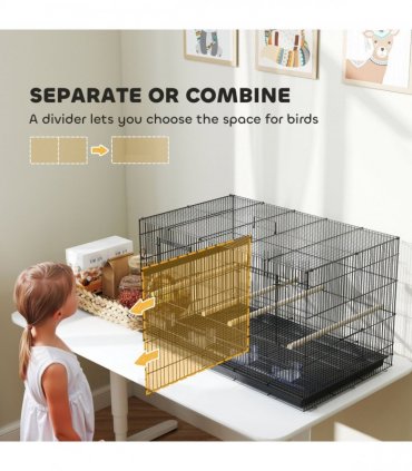 PawHut Bird Cage with Divider, 4 Wooden Perches, Slide Out Tray, Black