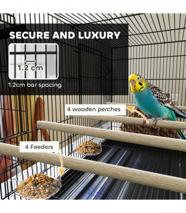 PawHut Bird Cage with Divider, 4 Wooden Perches, Slide Out Tray, Black