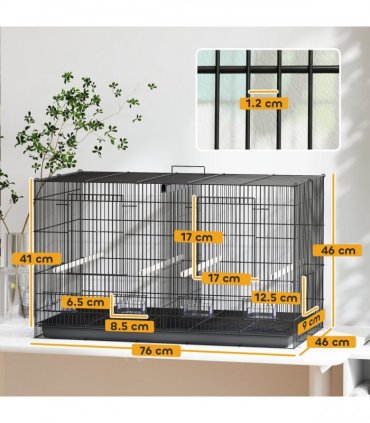 PawHut Bird Cage with Divider, 4 Wooden Perches, Slide Out Tray, Black